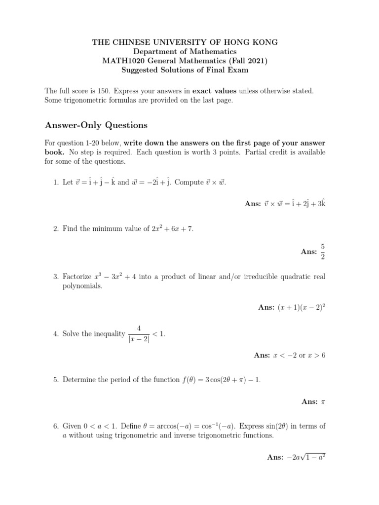 MATH1020 Final Exam Solutions 2021 | PDF | Polynomial | Mathematics