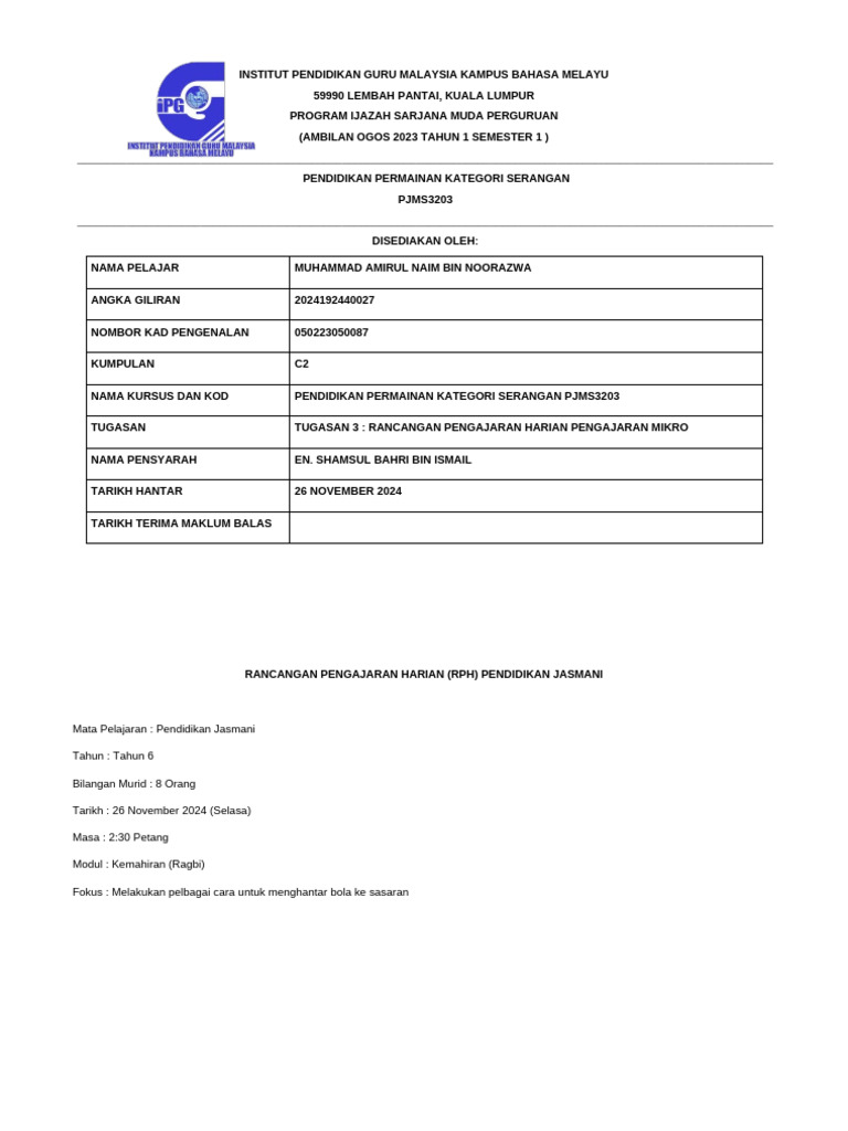 Rancangan Pengajaran Harian Ragbi | PDF