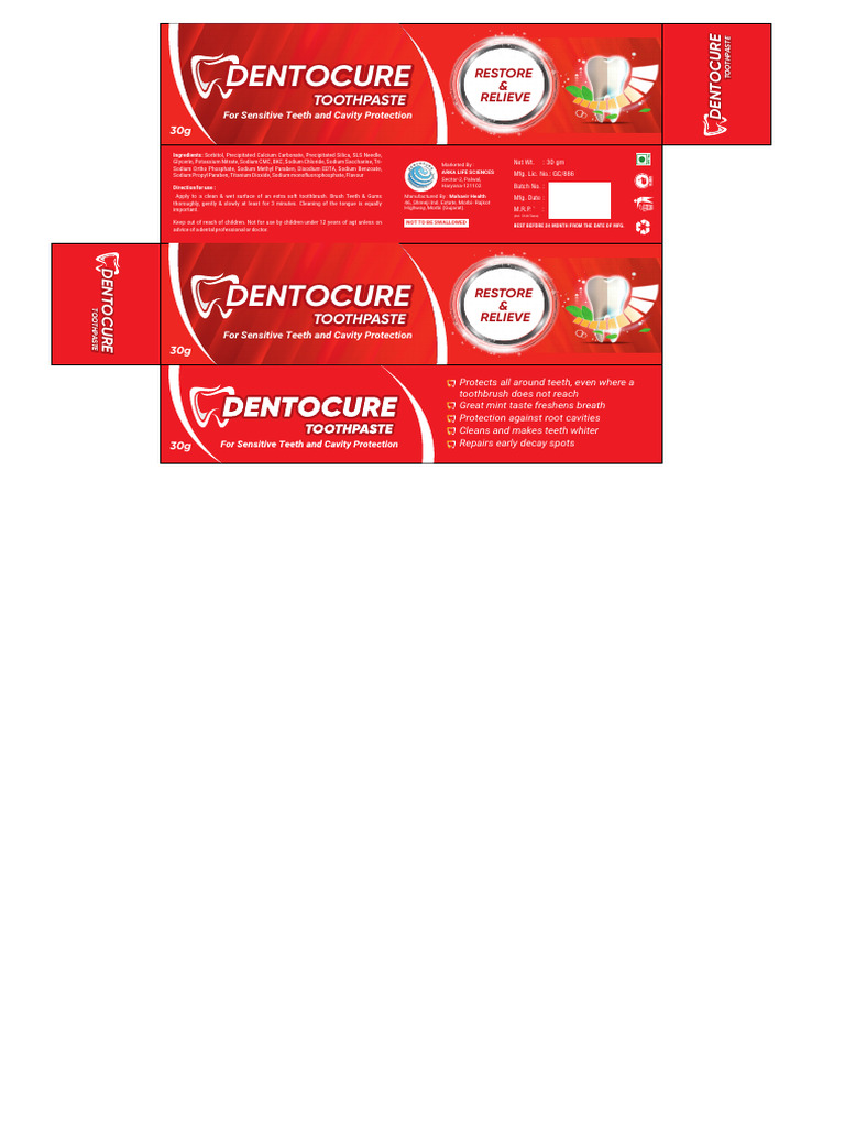 Dentocure Toothpaste for Sensitive Teeth | PDF | Sodium | Chemical ...
