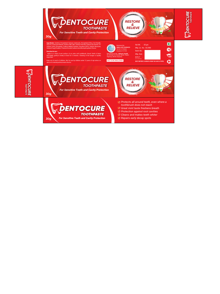 Dentocure Toothpaste for Sensitive Teeth | PDF | Sodium | Chemical ...