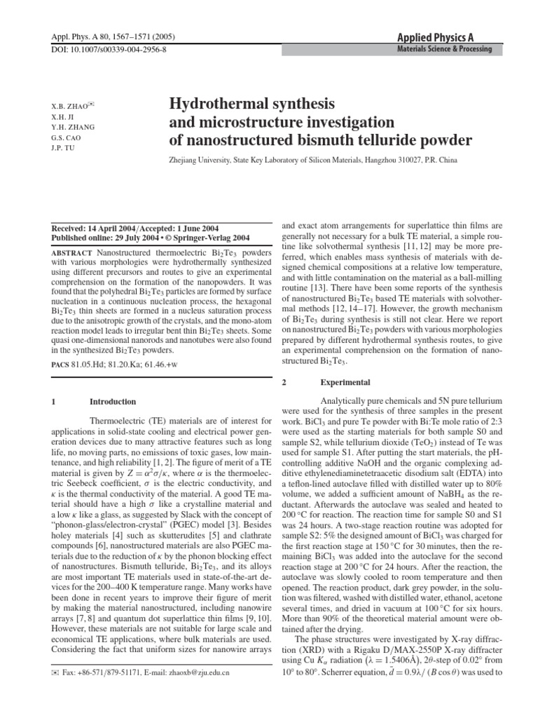 Hydrothermal Synthesis of Bi2Te3 Nanopowder | PDF | Transmission ...