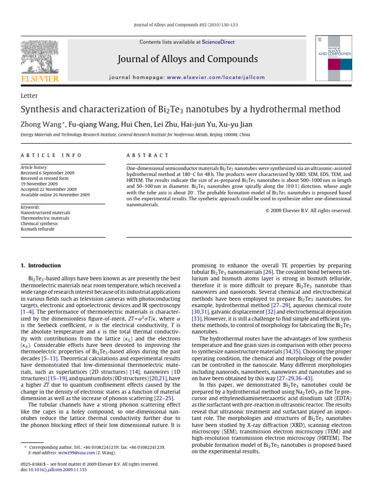 Synthesis of Bi2Te3 Nanotubes via Hydrothermal Method | PDF | Carbon ...