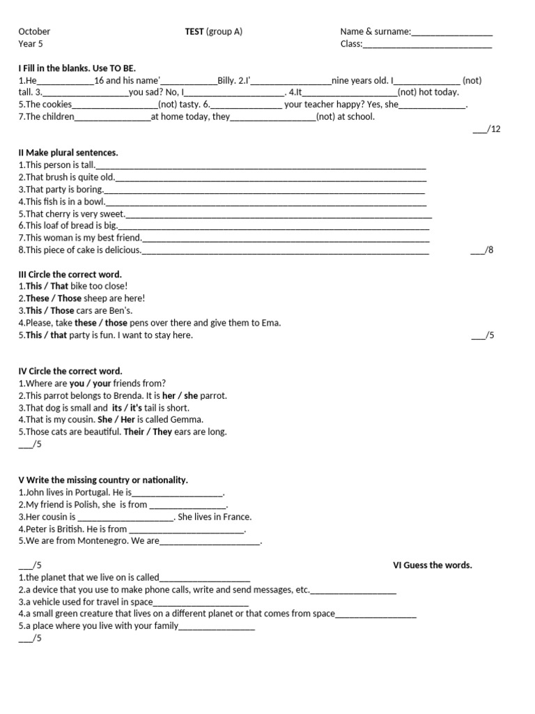 Year 5 English Test: Fill in the Blanks | PDF