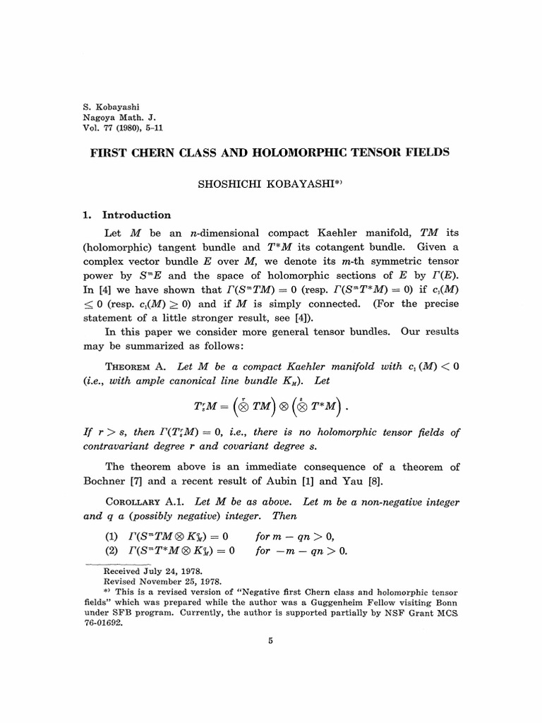 First Chern Class and Holomorphic Tensor Fields: S. Kobayashi Nagoya ...