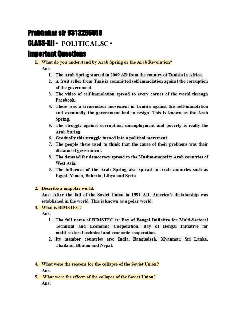 Important Political Questions for Class XII | PDF | Soviet Union ...