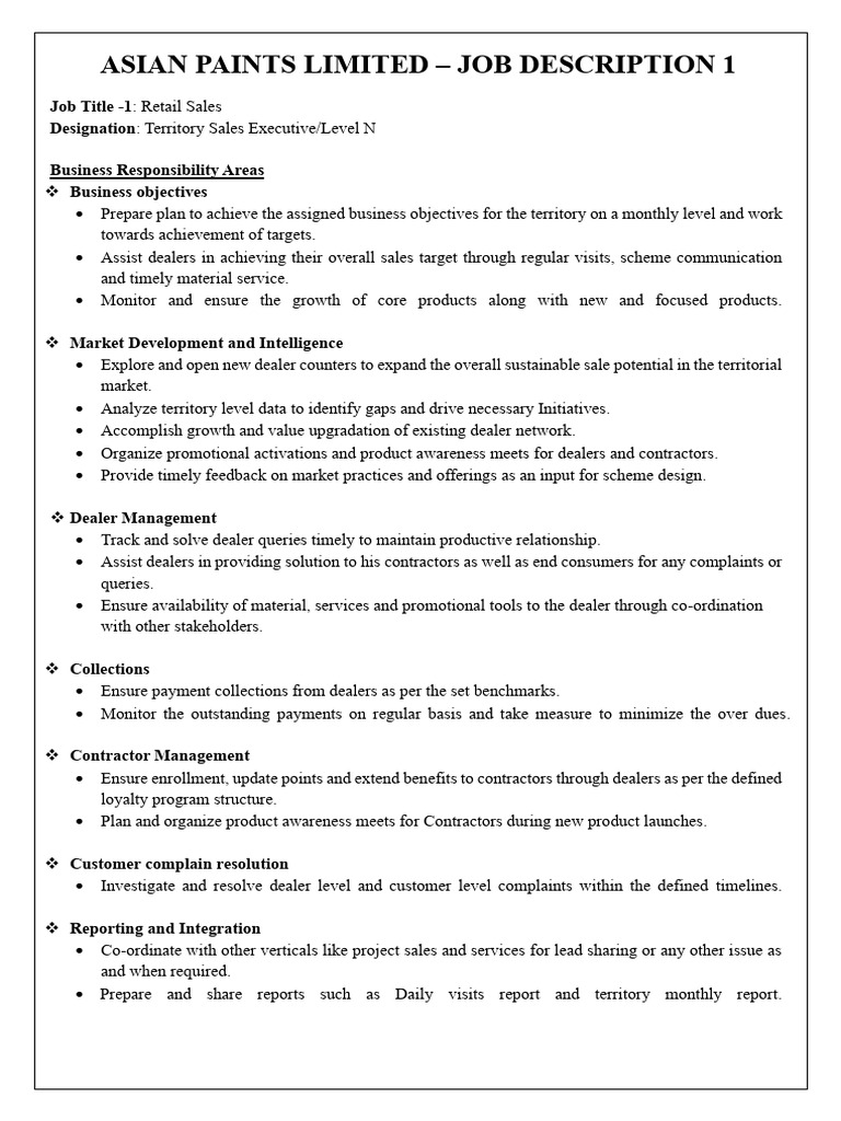 Asian Paints Sales Executive Roles | PDF | Sales | Retail