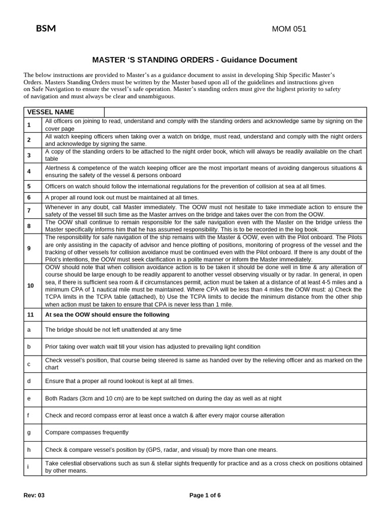 Master's Standing Orders Guidance | PDF | Navigation