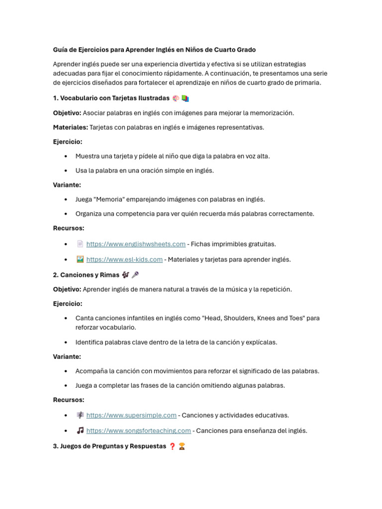 Ejercicios de Inglés para Cuarto Grado | PDF | Canciones | Aprendizaje