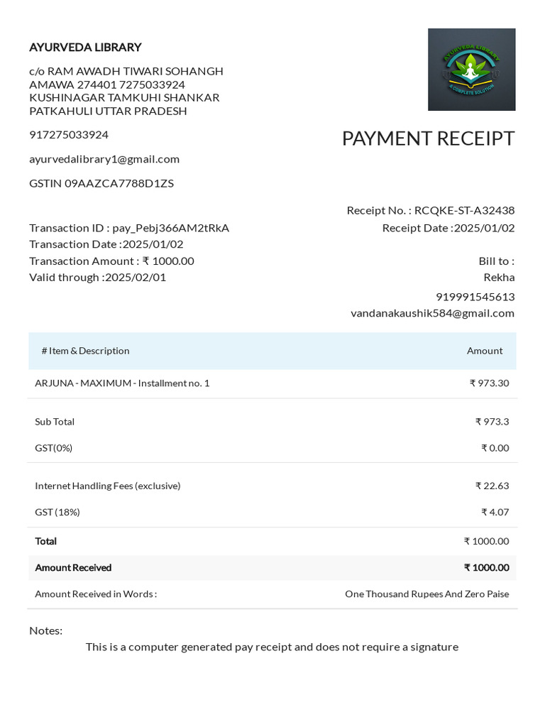 Ayurveda Library Payment Receipt | PDF