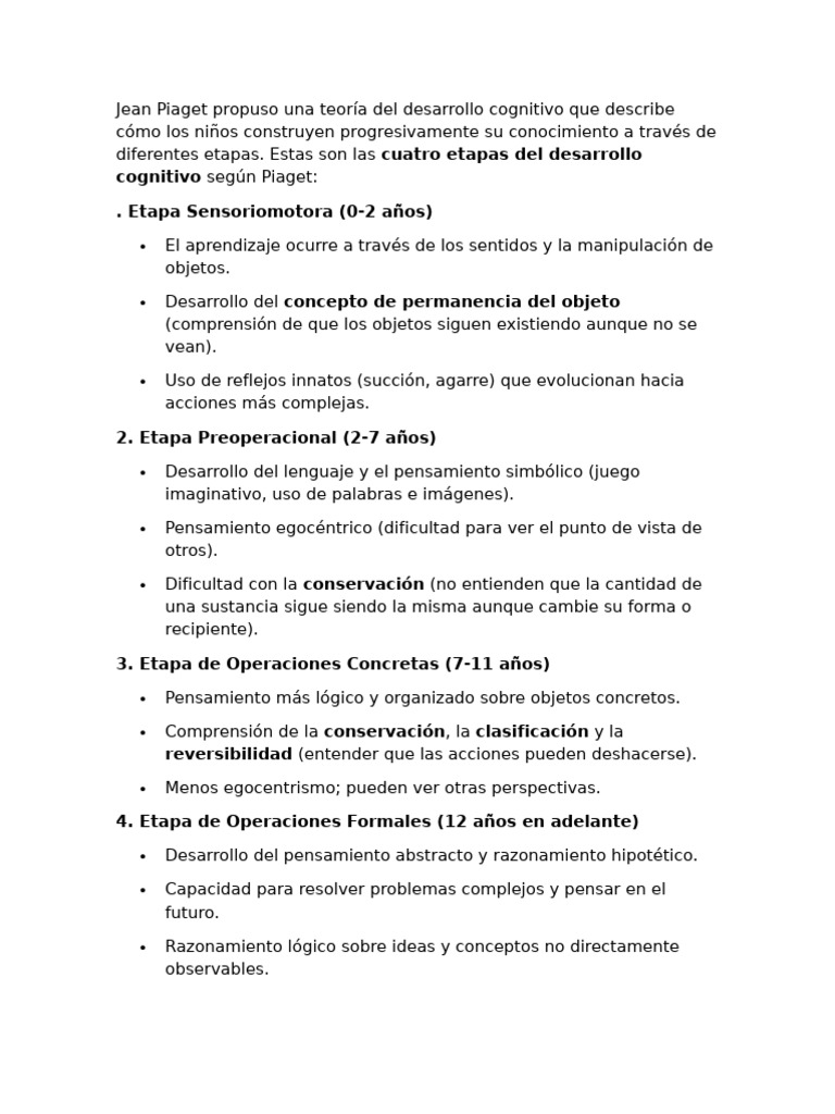 Etapas del desarrollo cognitivo de Piaget | PDF | Pensamiento ...