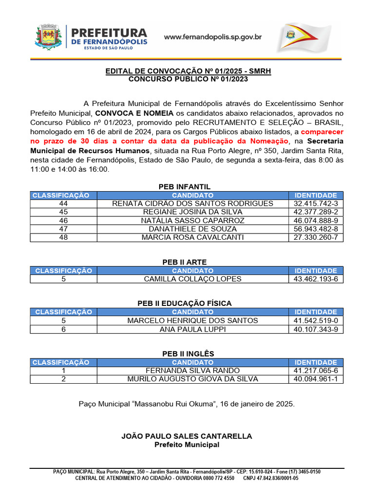 Edital de Convocação #01/2025 - SMRH Concurso Público #01/2023 | PDF