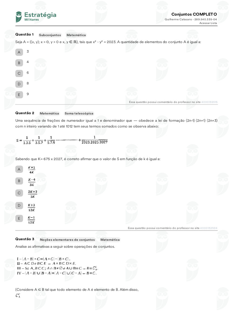 Questões sobre Conjuntos e Operações Matemáticas | PDF | Número