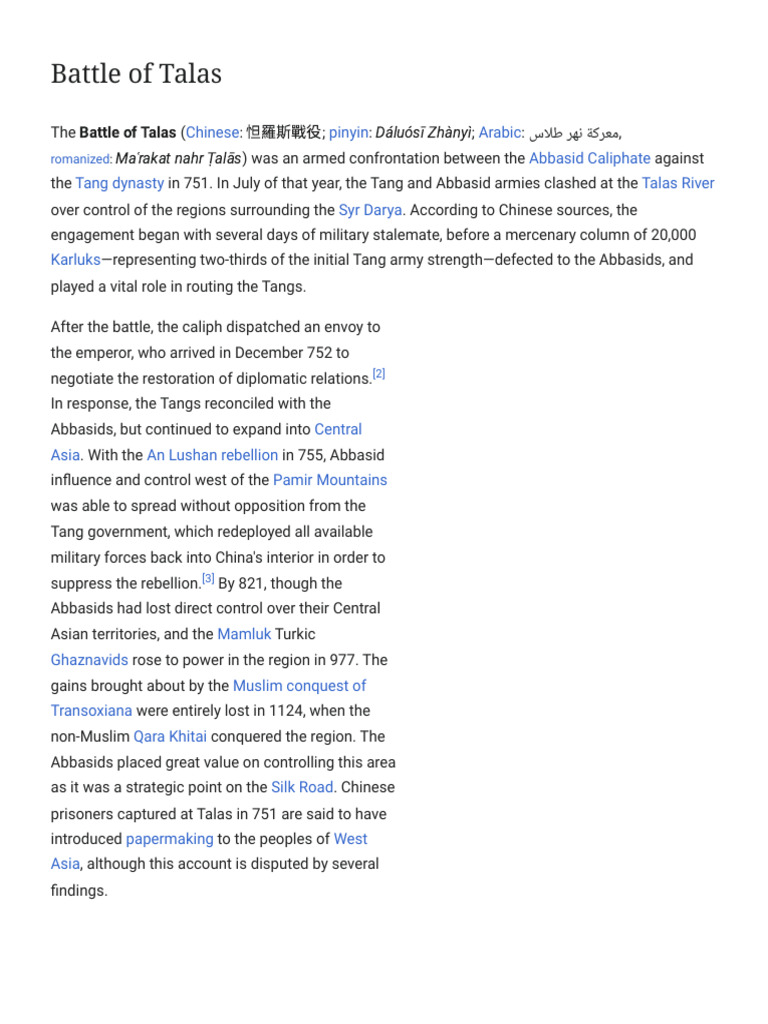 Battle of Talas: 751 AD Overview | PDF | Asia | Central Asia