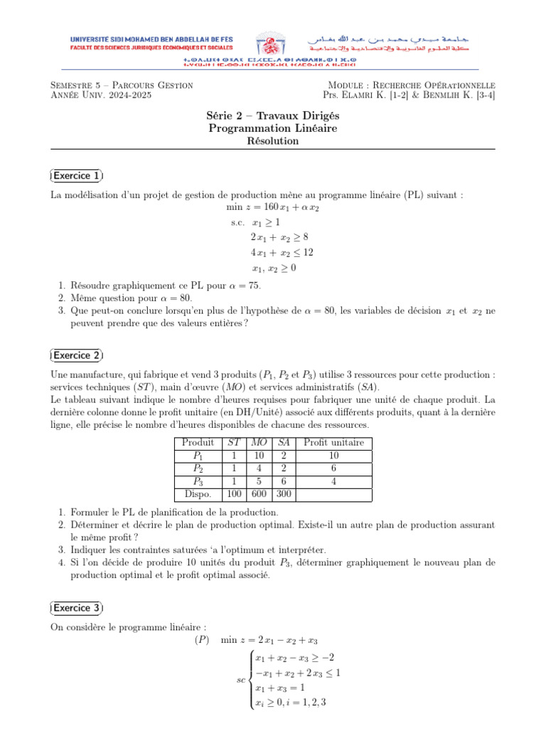Exercices de Programmation Linéaire | PDF | Optimisation linéaire ...