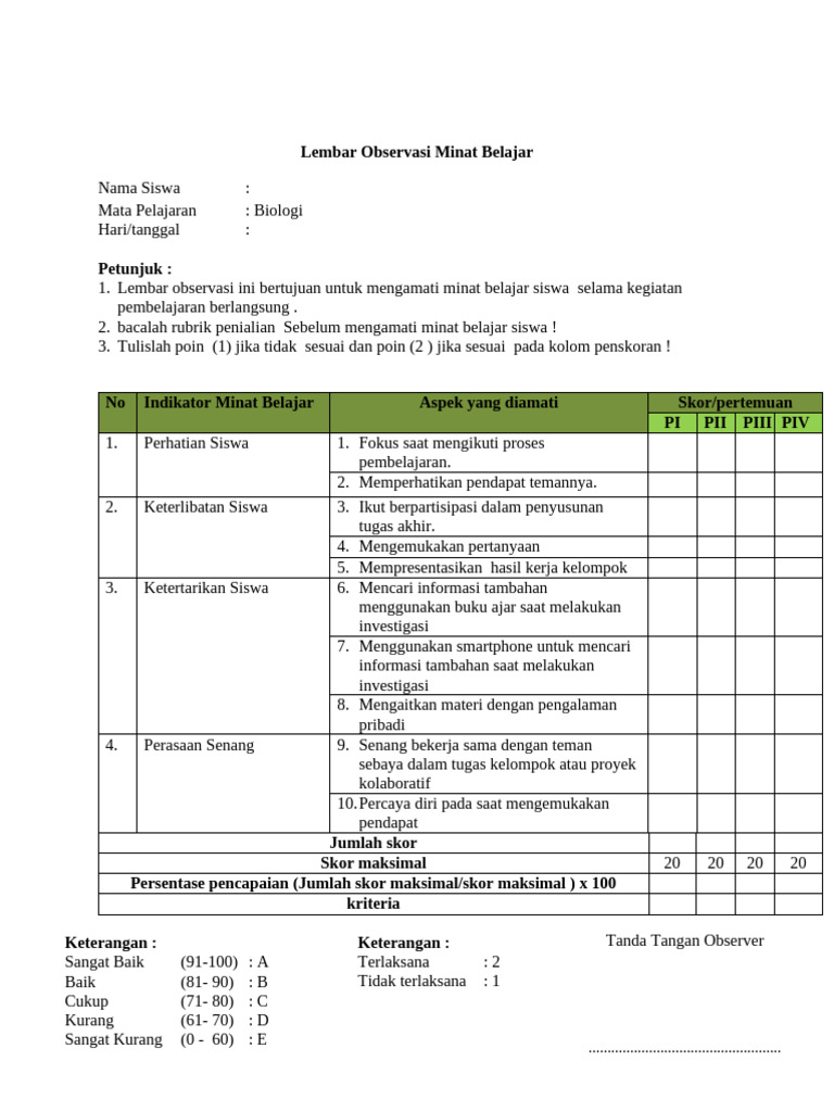 Lembar Observasi Minat Belajar Biologi | PDF