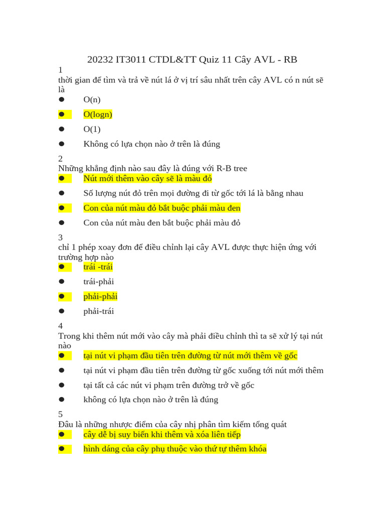 Quiz 11 Cây AVL Và RB | PDF