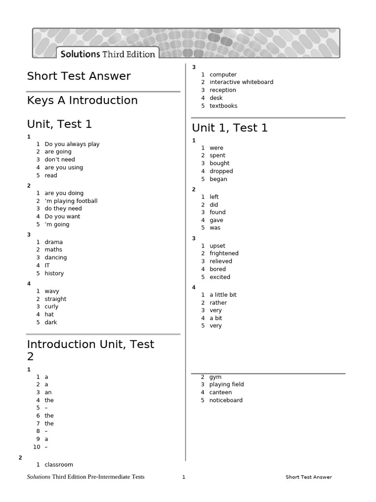 Pre-Intermediate Test Answer Keys | PDF