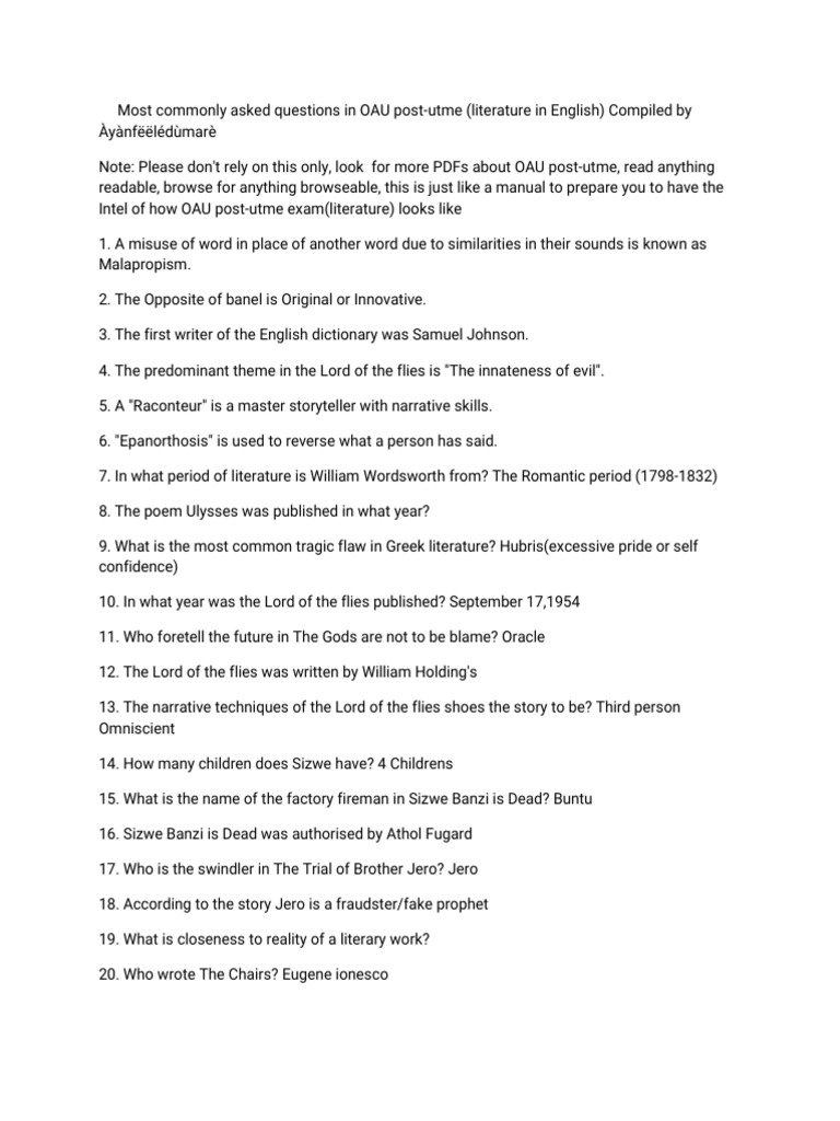 OAU Post-UTME Literature Questions Guide | PDF | Poetry