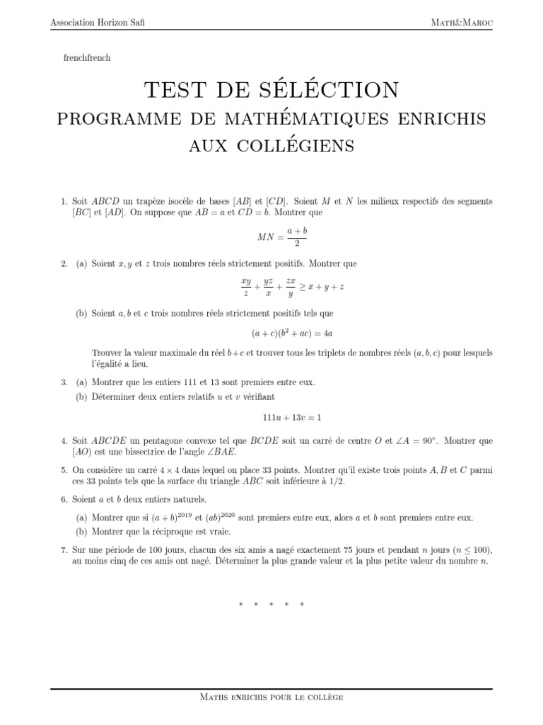 Test de sélection en mathématiques collège | PDF