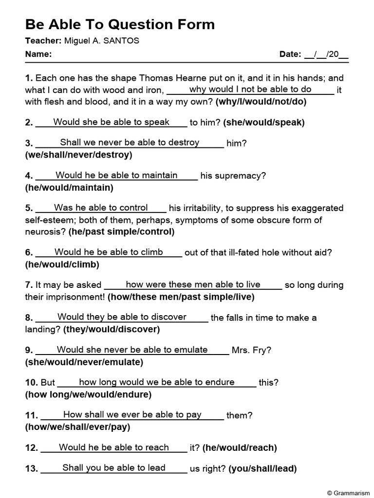 Grammarism Be Able To Question Test 1 Solved | PDF