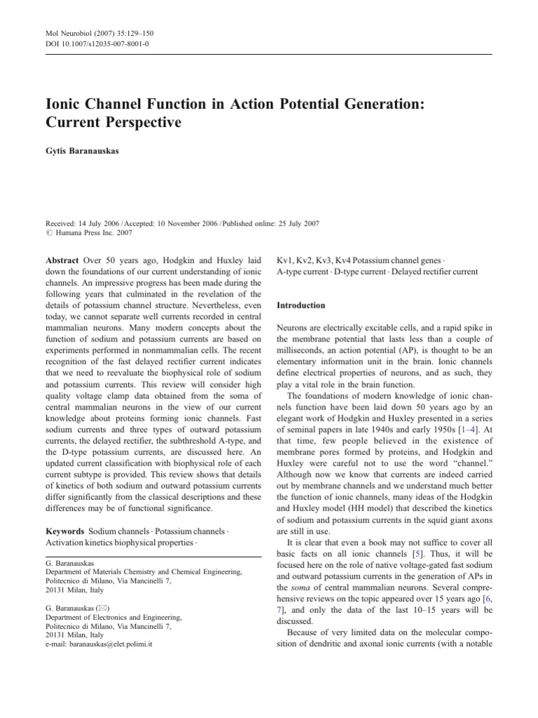 Baranauskas 2007 (Ionic Channel Function in Action Potential Generation ...