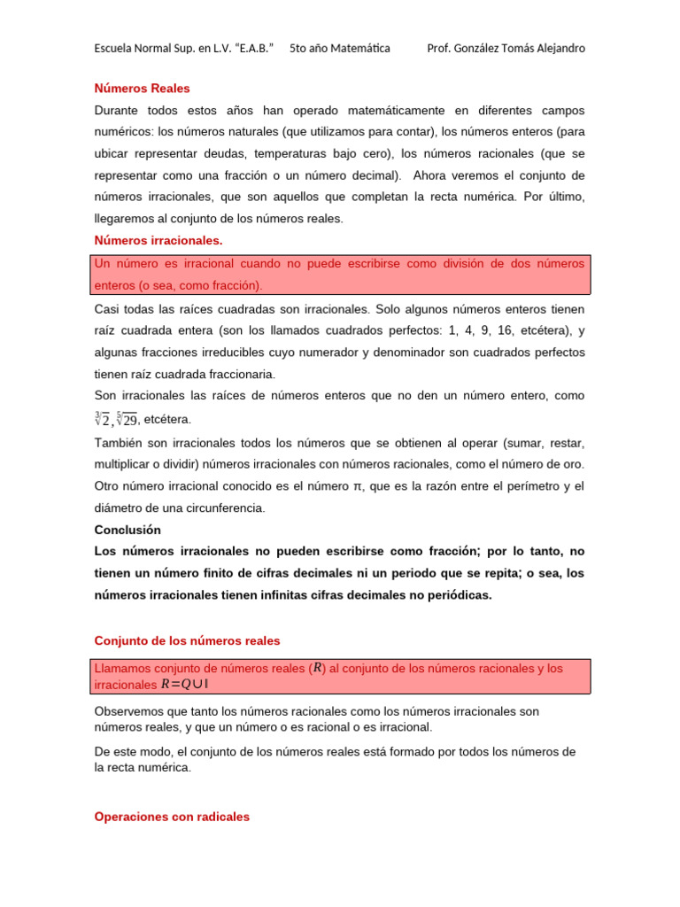 Números Reales 5to Año Normal | PDF | Raíz cuadrada | Número Real