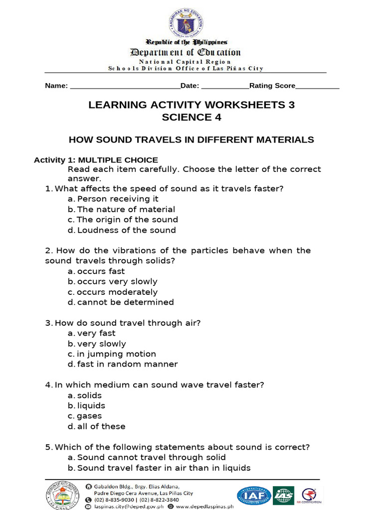 Sound and Light Science Worksheets | PDF | Sound | Reflection (Physics)