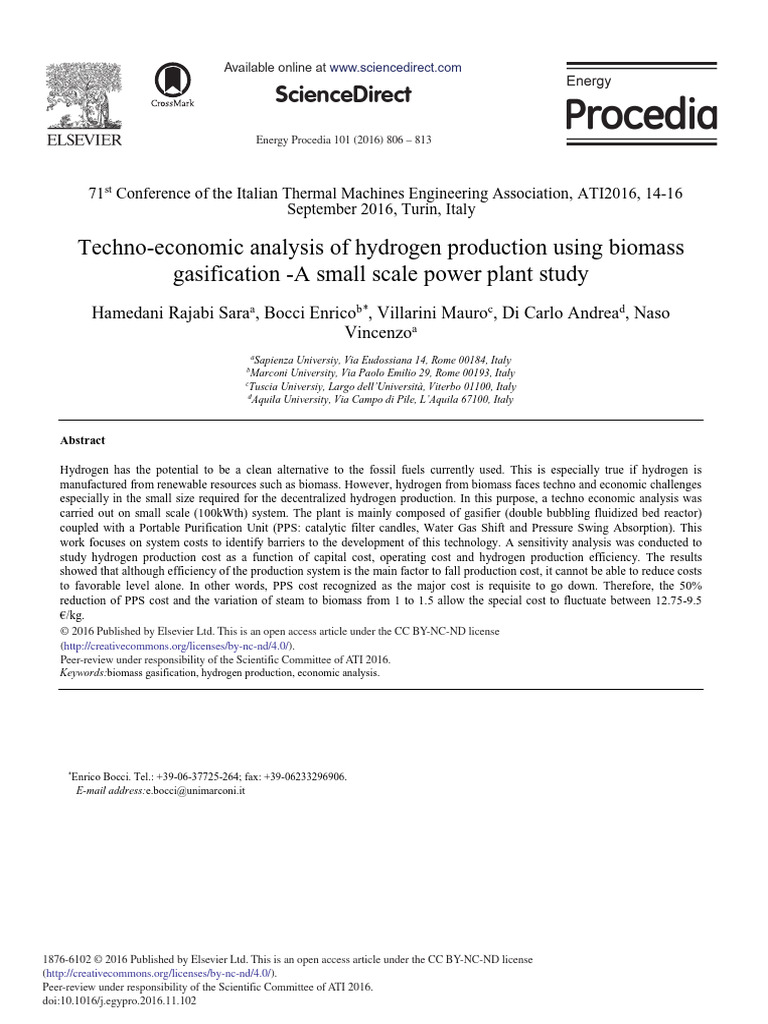 Techno Economic Analysis of Hydrogen Pro | PDF | Gasification | Fuels