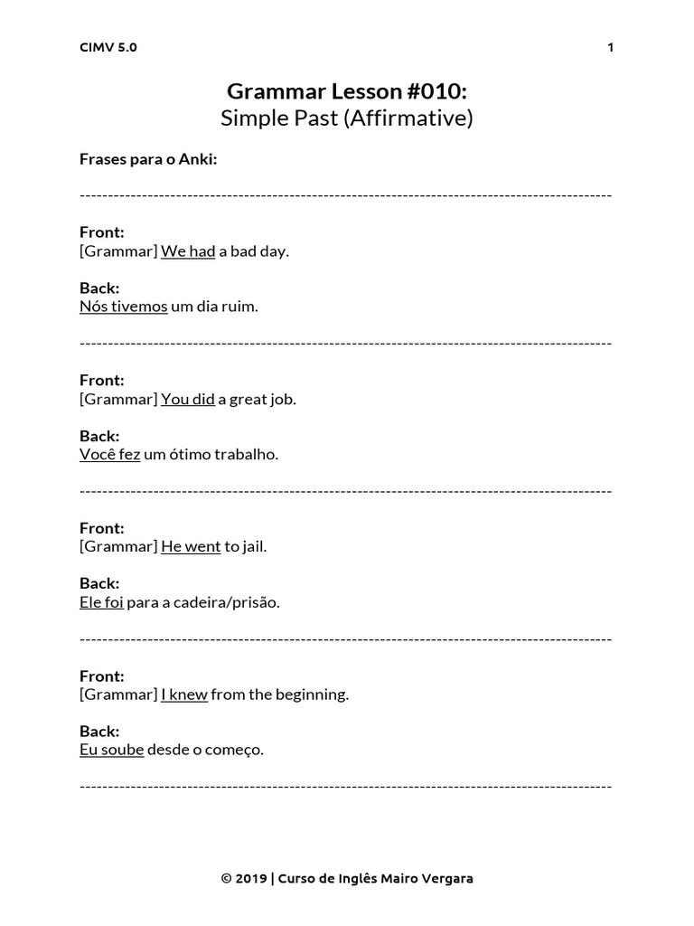 Frases no Simple Past em Inglês | PDF