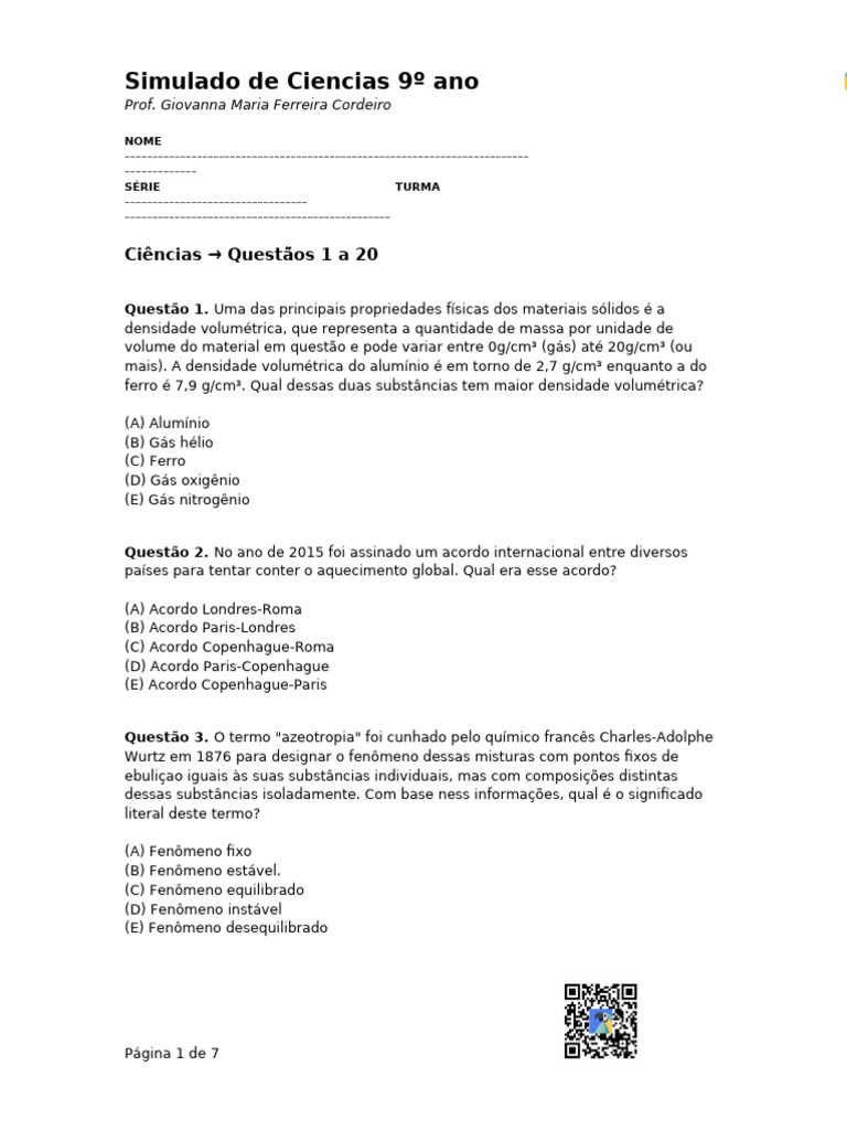 Simulado de Ciências 9º Ano: Questões e Respostas | PDF | Rochas ...