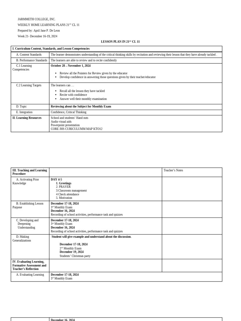 WLP MONTHLY EXAM 3RD G11 21ST LIT WEEK 21 | PDF | Teachers | Learning