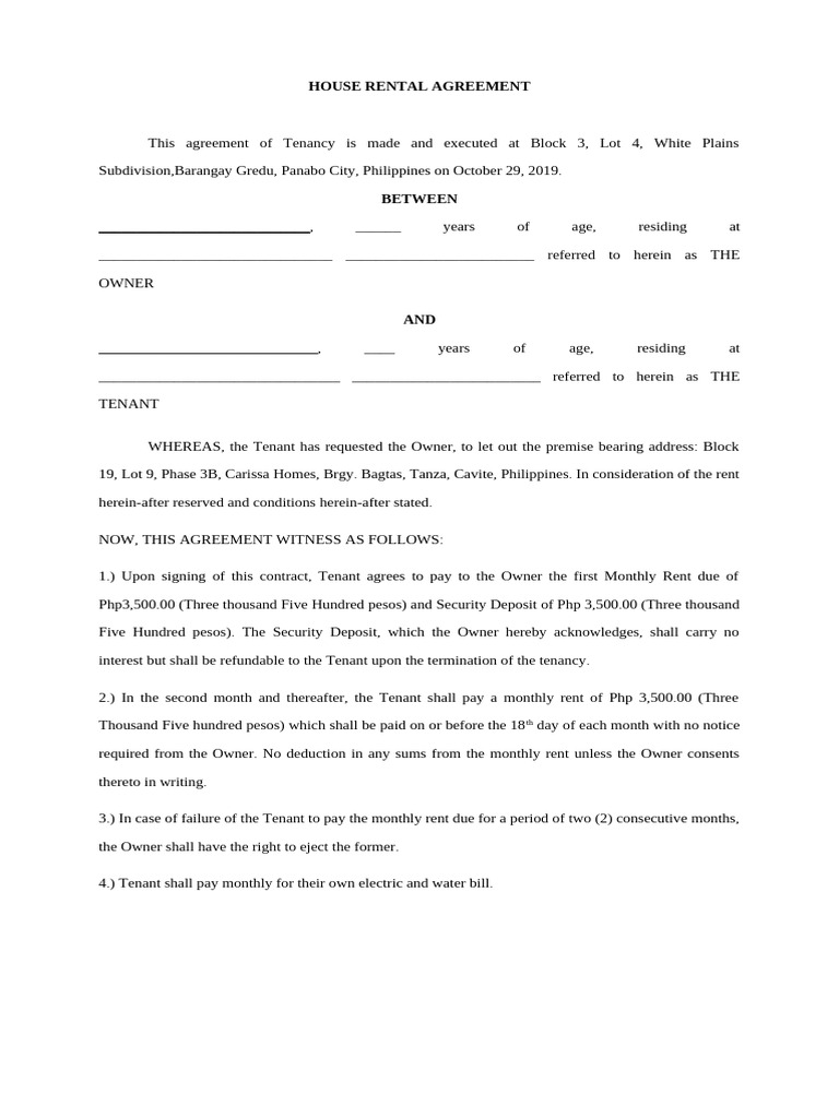 House Rental Agreement Template Philippines | PDF