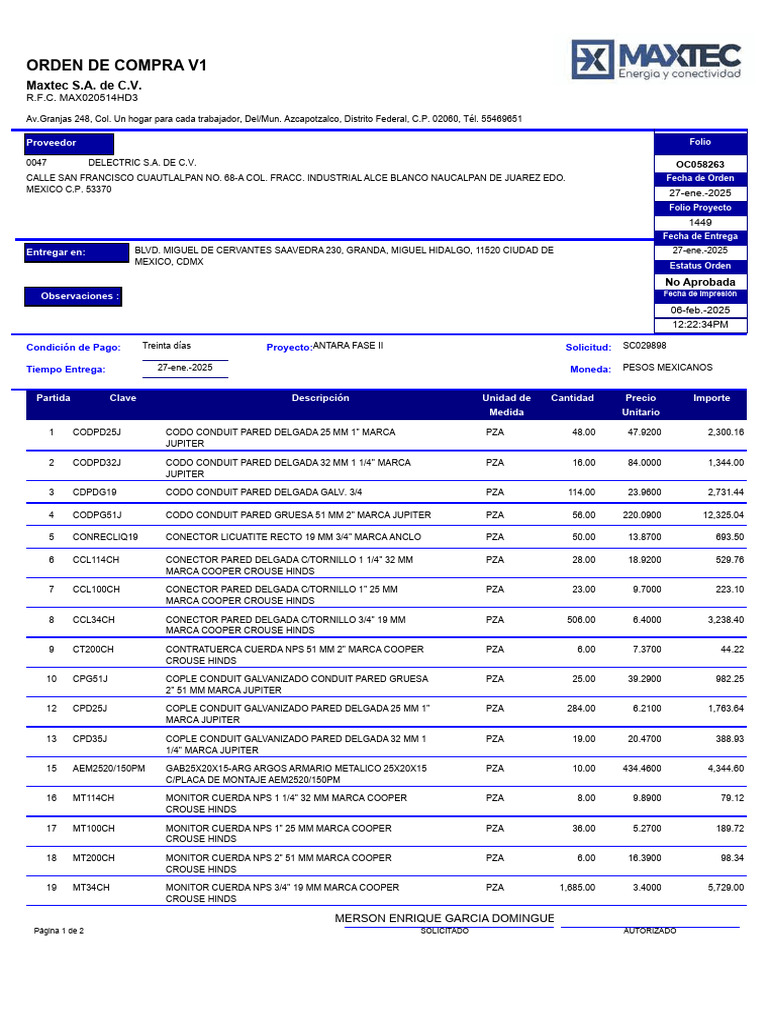 Orden de Compra DELECTRIC S.A. de C.V. | PDF | Derecho civil (sistema ...