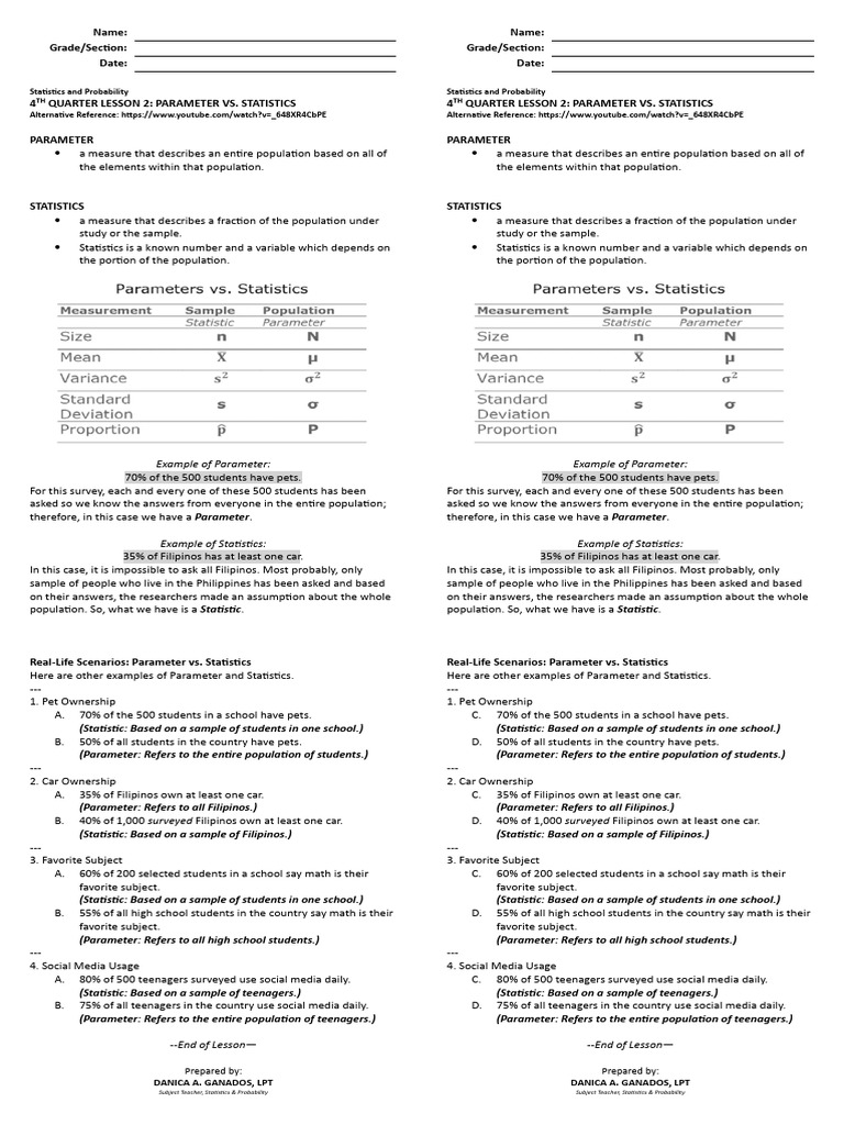 Parameter vs. Statistics Explained | PDF | Statistics | Sampling ...