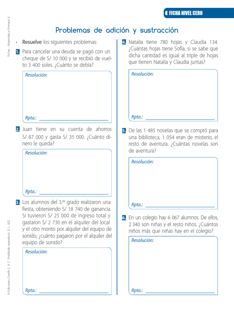 Problemas de Adición y Sustracción 5° | PDF