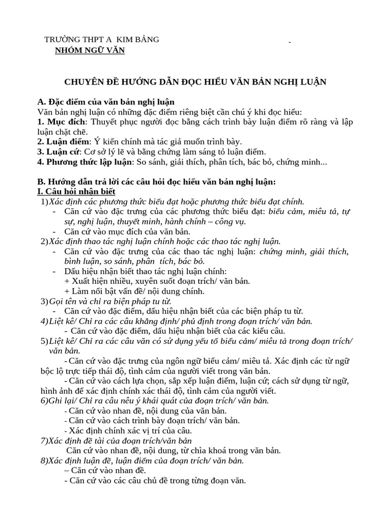 CHUYÊN ĐỀ HƯỚNG DẪN ĐỌC HIỂU VĂN BẢN NGHỊ LUẬN | PDF