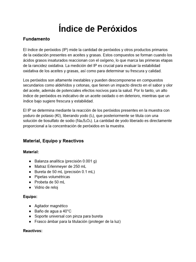 Índice de Peróxidos en Aceites y Grasas | PDF | Valoración | Química