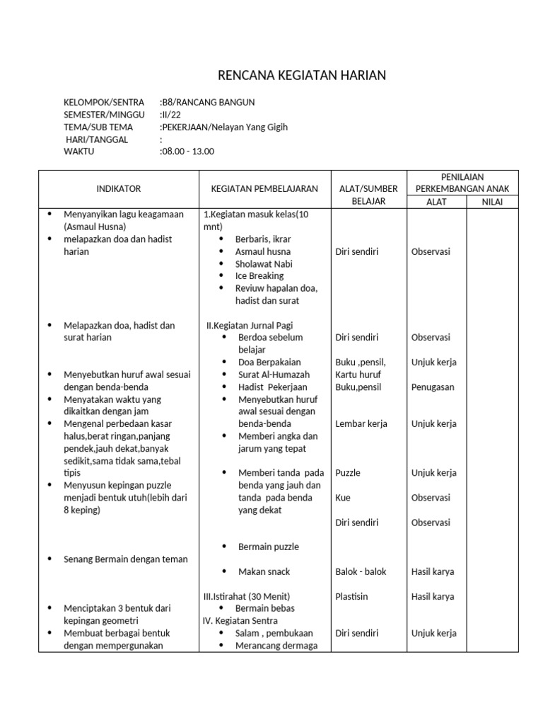 Rencana Kegiatan Harian TK: Pekerjaan | PDF