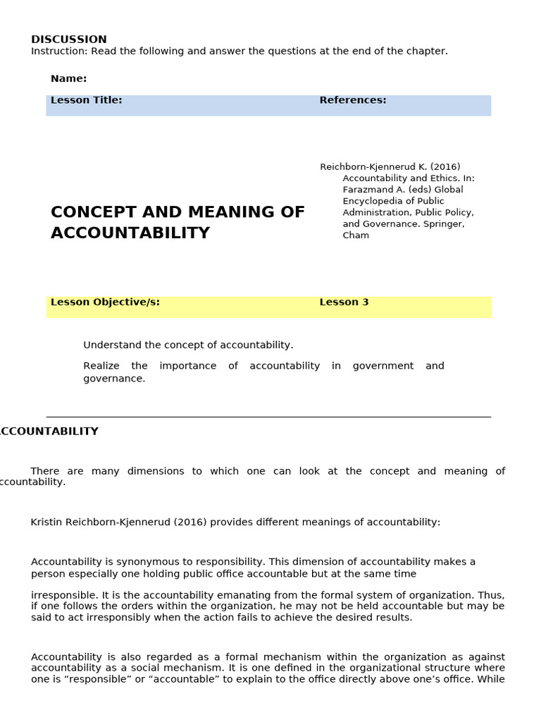 Lesson 3 Accountability and Professionalism PDF Accountability