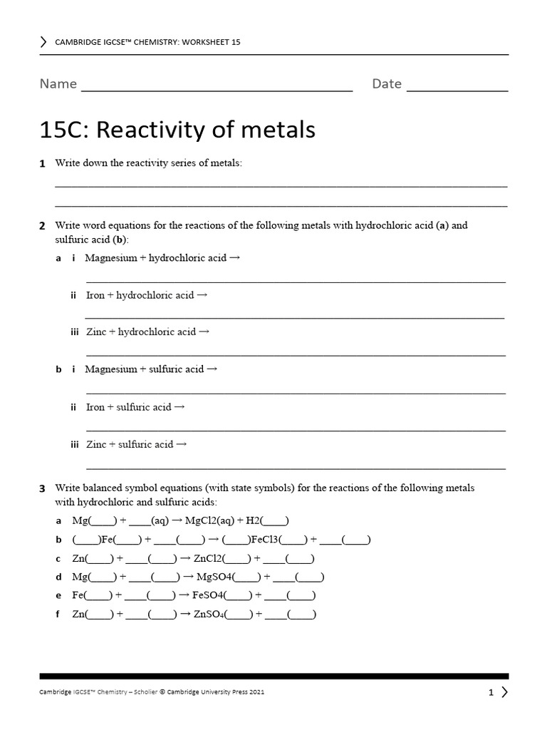 Metal Reactivity Series Worksheet | PDF | Magnesium | Zinc