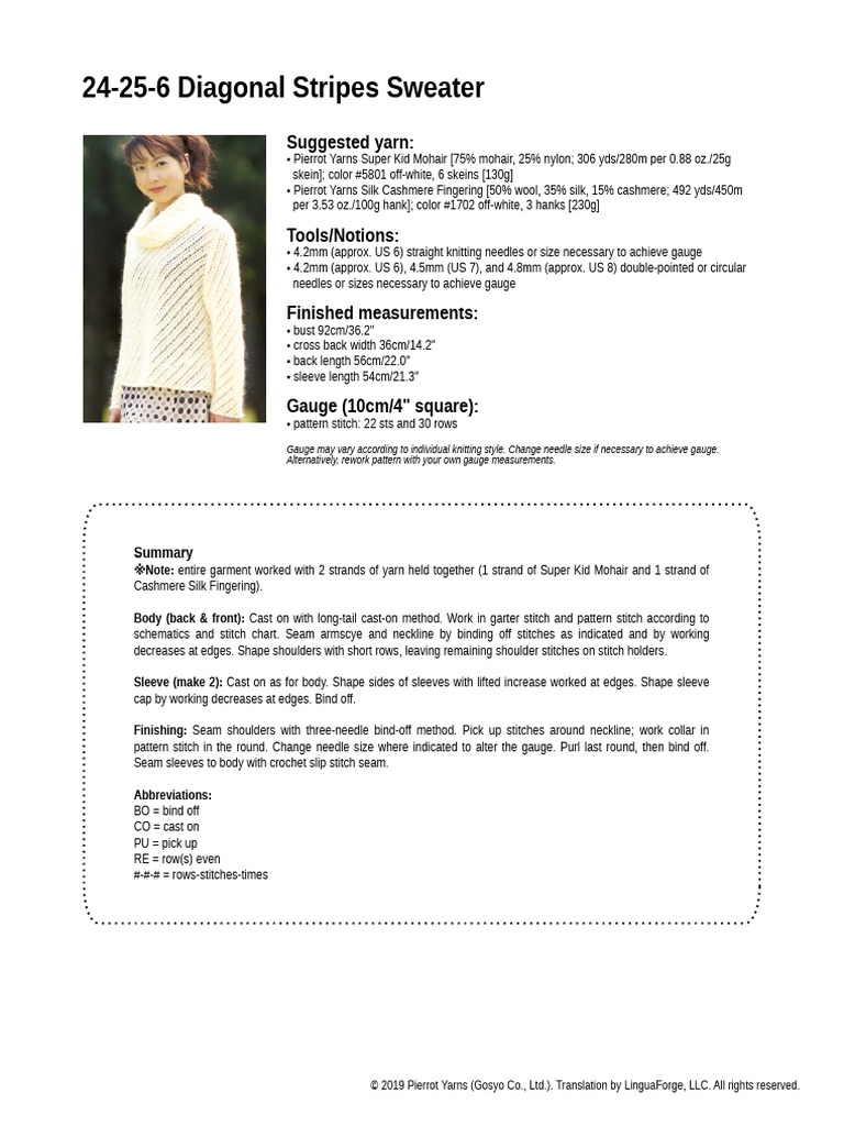24-25-6 Diagonal Stripes Sweater | PDF | Knitting | Gauge (Knitting)
