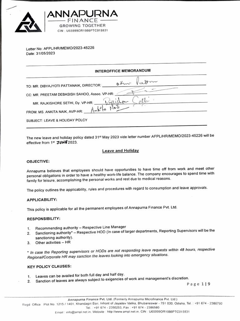 Annapurna Finance Leave Policy Update | PDF | Parental Leave | Sick Leave
