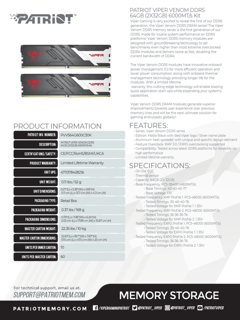 Viper Venom DDR5 64GB 6000MT/s Overview | PDF | Computer Data Storage ...