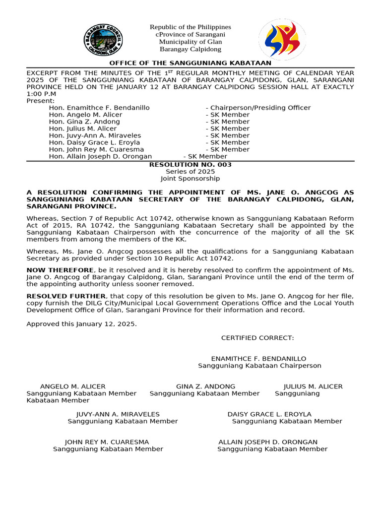 SK Resolution Confirming Secretary Appointment | PDF | Youth ...