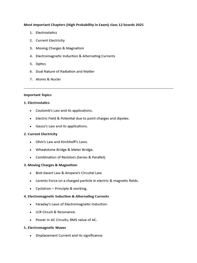 Key Physics Chapters for Class 12 Exams | PDF | Electromagnetic ...