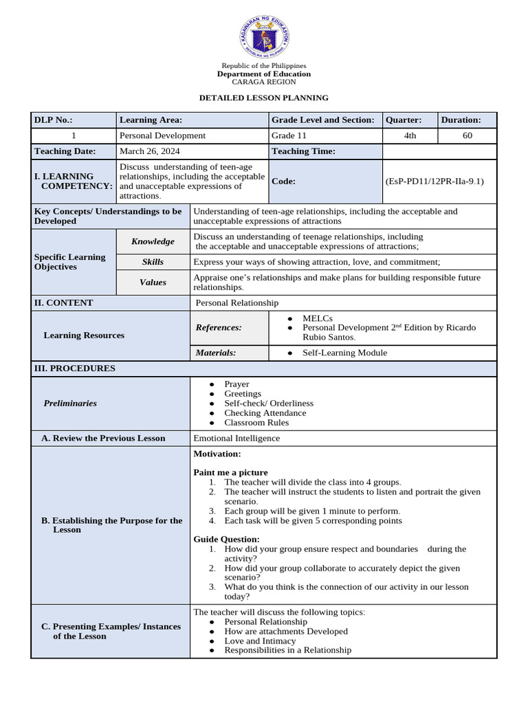 Grade 11 Personal Development Lesson Plan | PDF | Attachment Theory | Love