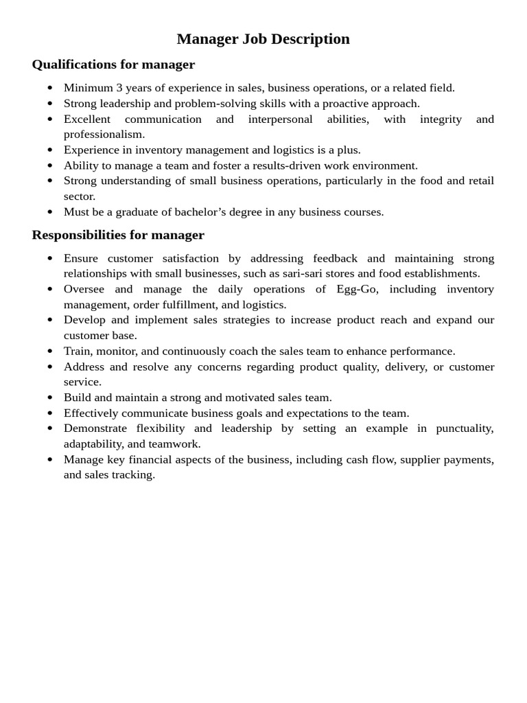 Manager Job Description | PDF | Audit | Internal Control