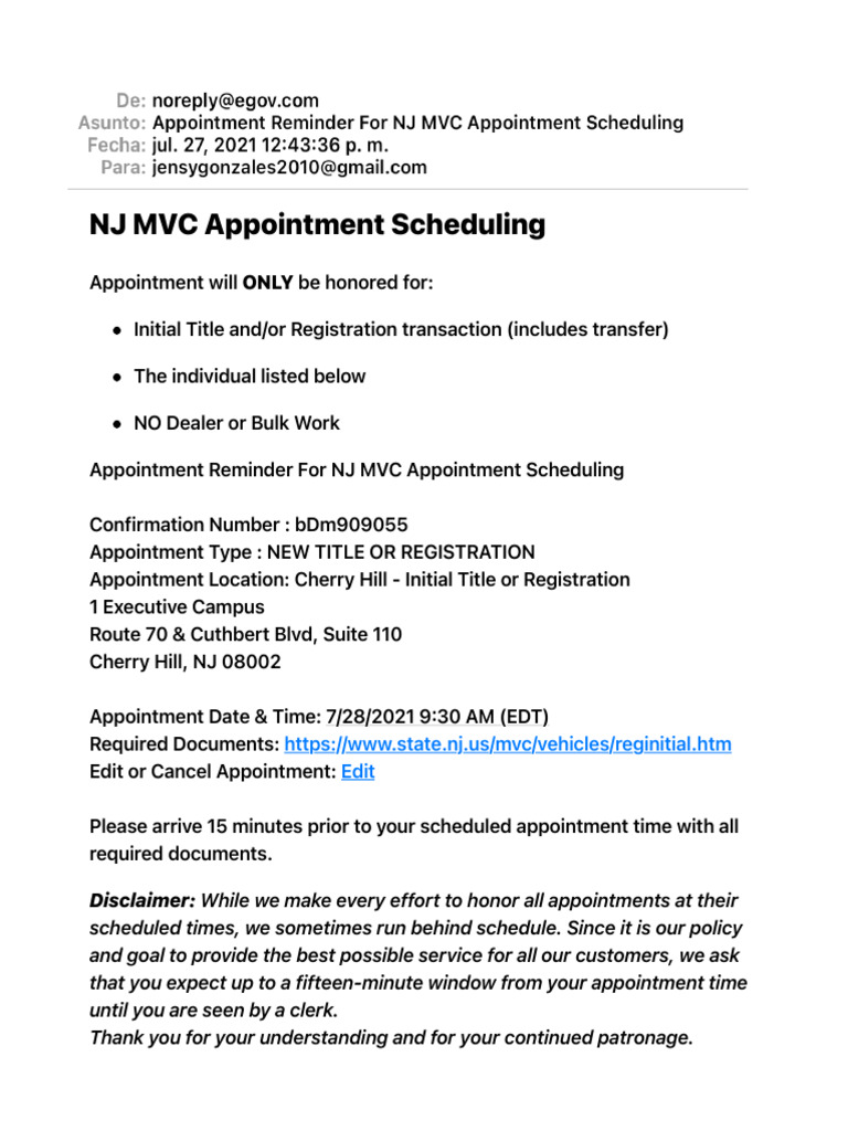 Appointment Reminder For NJ MVC Appointment Scheduling PDF