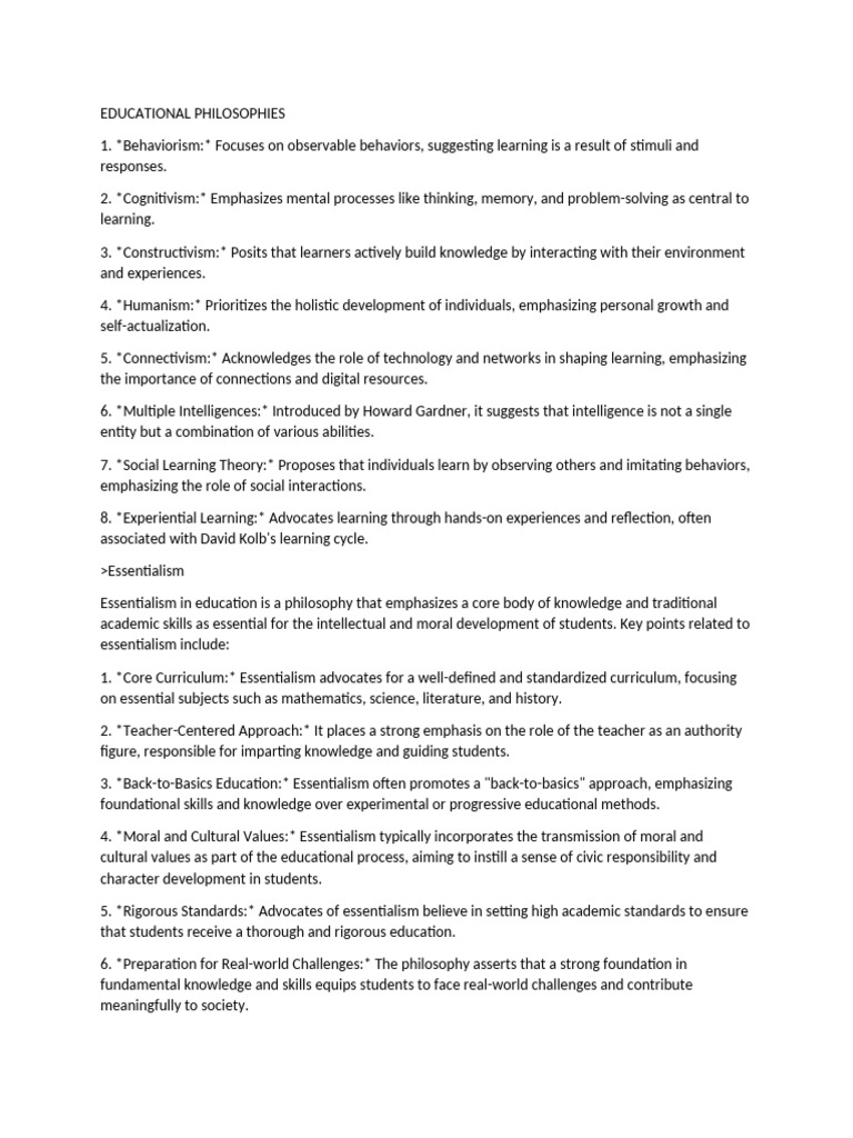 Overview of Educational Philosophies | PDF | Behaviorism ...