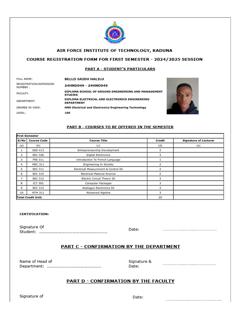 AFIT Course Registration Form 2024/2025 | PDF | Electromagnetism ...